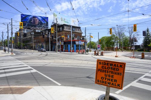 Images of construction at 416-392-0472 or kqqr@toronto.ca the King Queen Queensway Roncesvalles intersection. For more information please contact Michael Vieira at 416 392 0472 or kqqr@toronto.ca