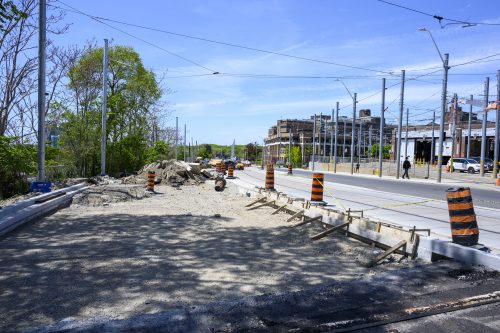 Images of construction at 416-392-0472 or kqqr@toronto.ca the King Queen Queensway Roncesvalles intersection. For more information please contact Michael Vieira at 416 392 0472 or kqqr@toronto.ca