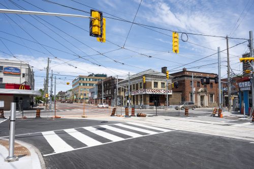 Images of construction at 416-392-0472 or kqqr@toronto.ca the King Queen Queensway Roncesvalles intersection. For more information please contact Michael Vieira at 416 392 0472 or kqqr@toronto.ca