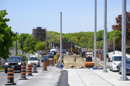 Images of construction at 416-392-0472 or kqqr@toronto.ca the King Queen Queensway Roncesvalles intersection. For more information please contact Michael Vieira at 416 392 0472 or kqqr@toronto.ca