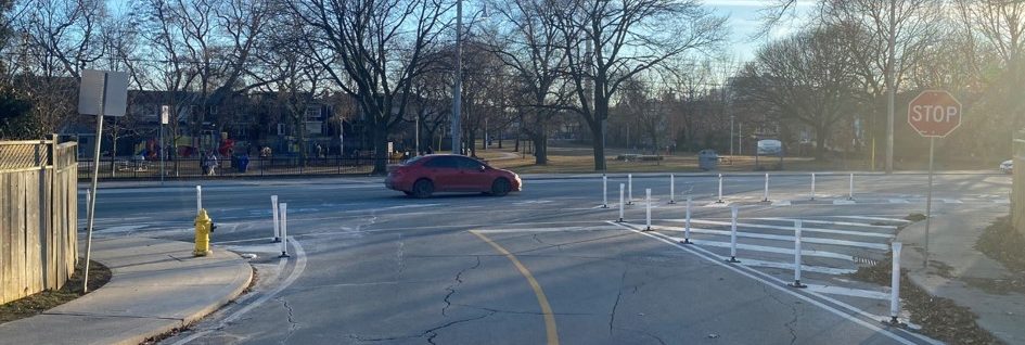 Interim geometric safety improvement using paint and bollards at Dundas St E and Maughan Cres
