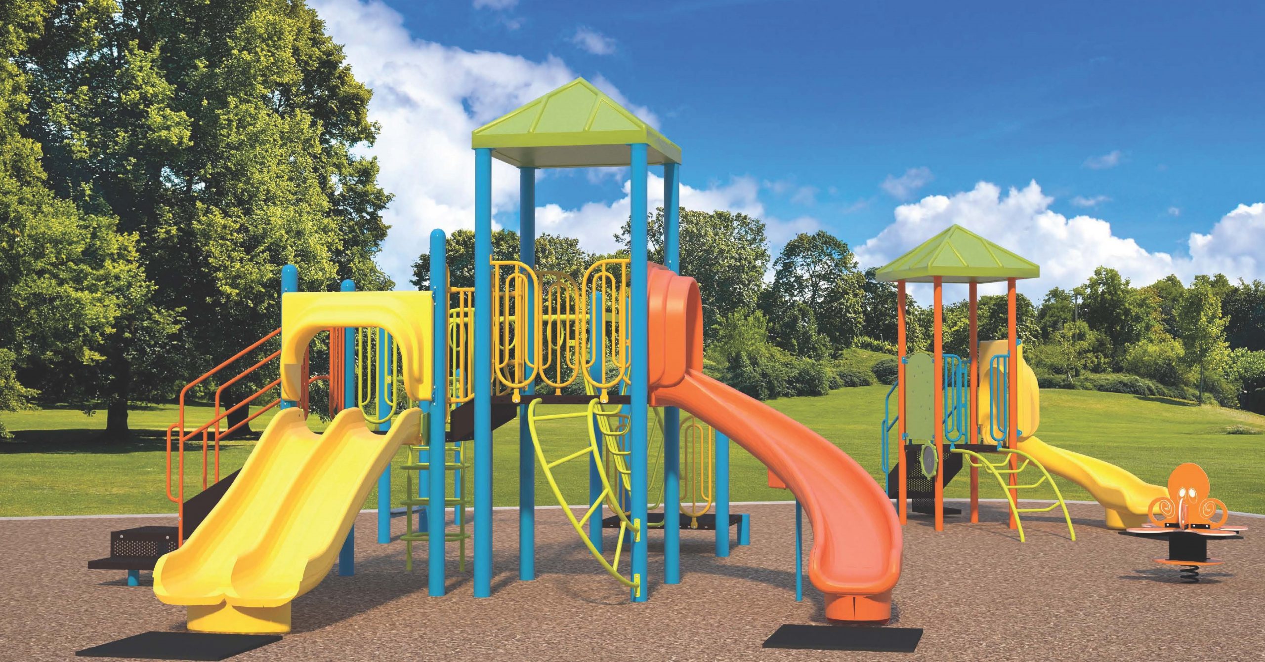 This rendering shows the senior climber in the foreground, with blue posts, a yellow double slide, an orange curved slide, a yellow curved ladder and green roof. In the background is an orange multi-person spring toy with an octopus motif, and the junior climber with orange posts, yellow arched ladder, yellow curved slide and play panels