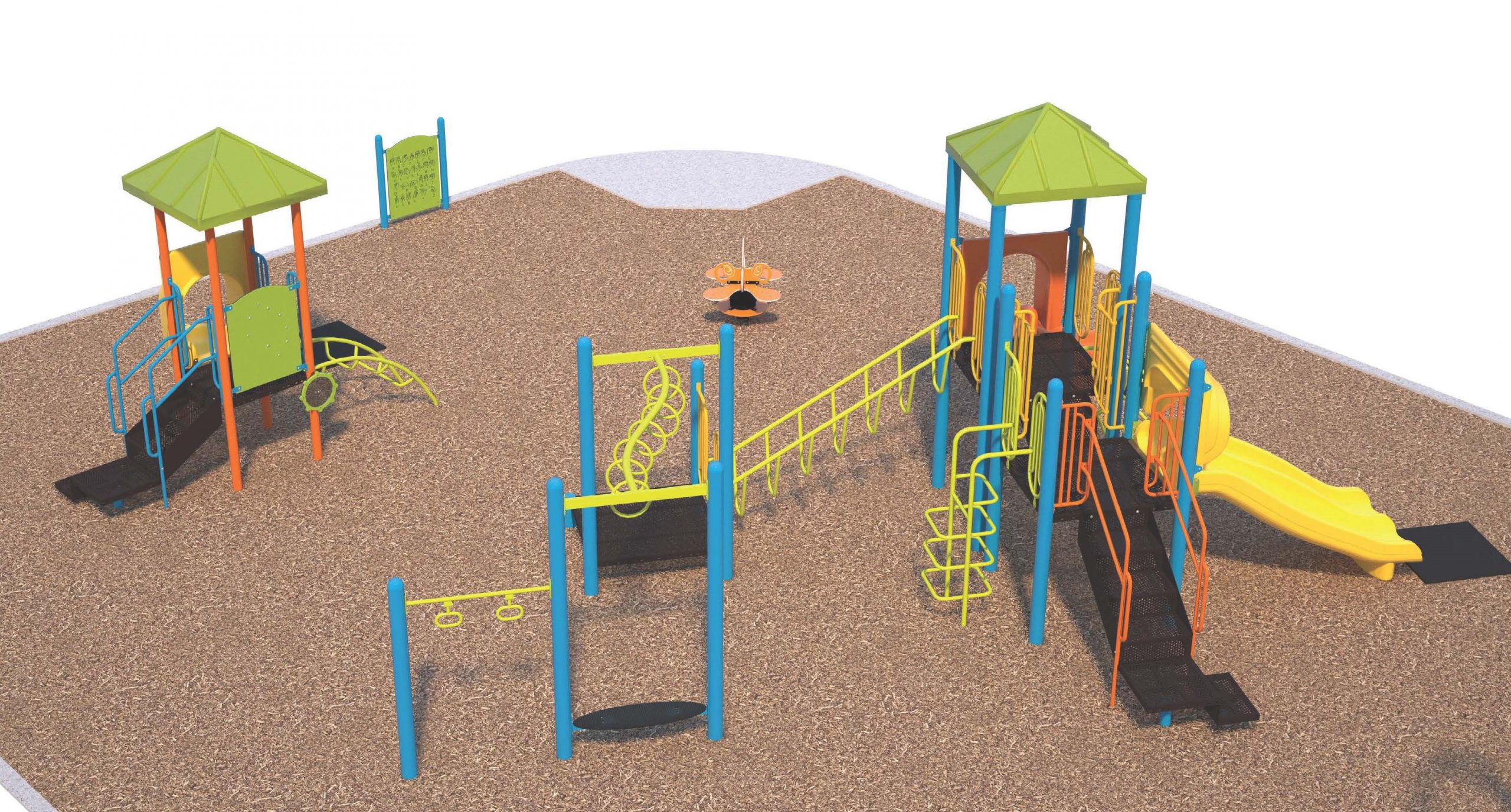 This rendering is a birds eye view of the senior climber, junior climber, octopus multi-person spring toy, and ground level activity panel. Visible on the senior climber are the blue posts, hanging features (yellow monkey bars and rings), several climbing features in yellow, stairs and transfer stations, the yellow double slide and green roof. Visible on the junior climber are the orange posts, a green activity panel, yellow climbing feature, stairs, and green roof. The ground level activity panel is green with the alphabet in letters and sign language