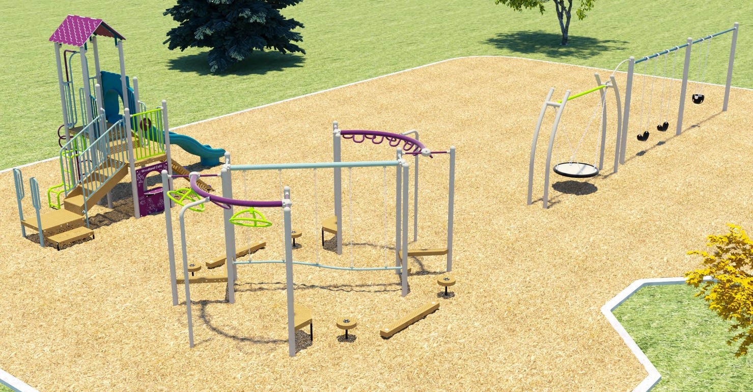 A rendering of concept B. There is climbing equipment including monkey bars, and a play structure.