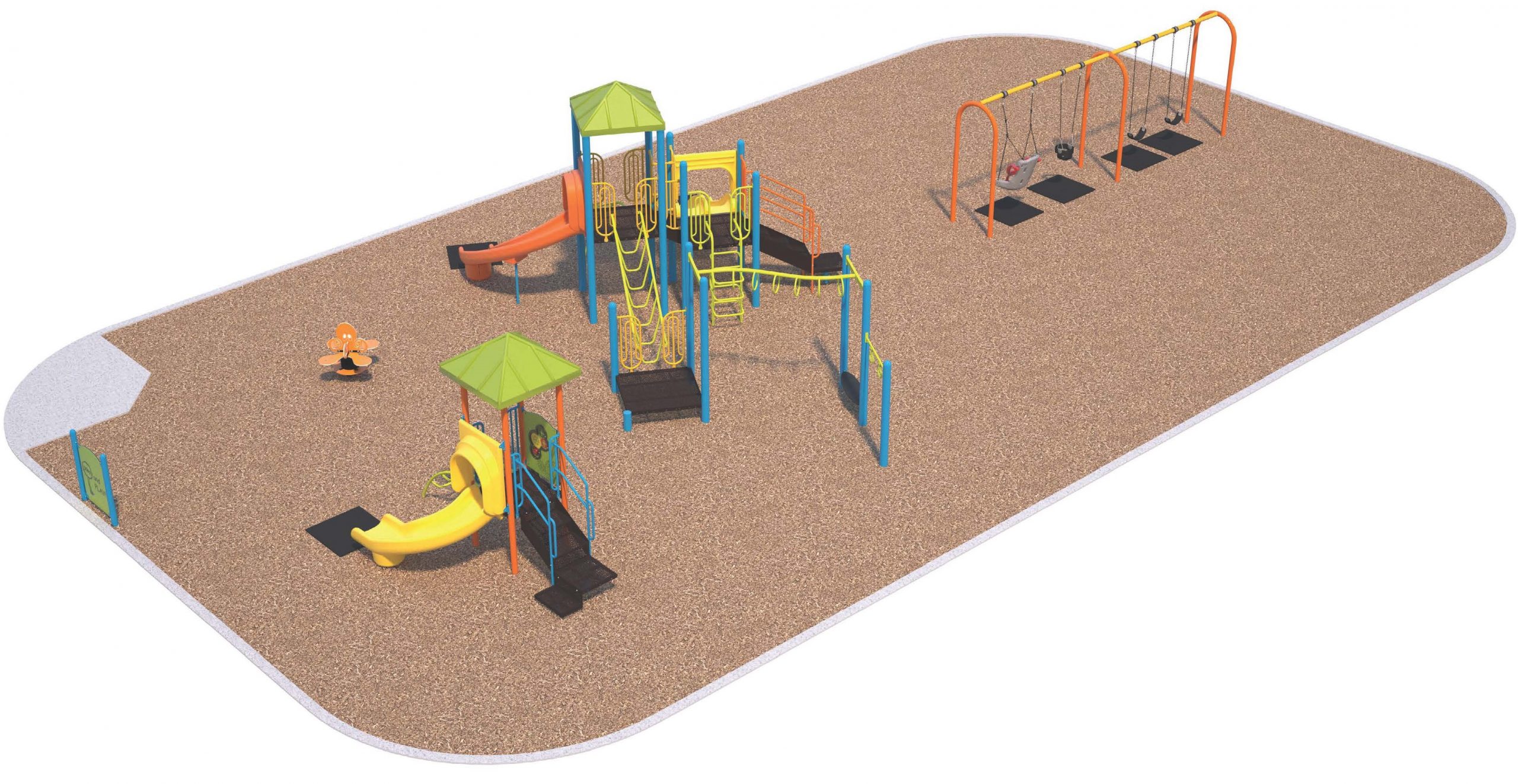 This rendering is a birds eye view of the whole playground with a swing set on the far right, senior climber in the middle, octopus multi-person spring toy, junior climber and ground level activity panel on the left
