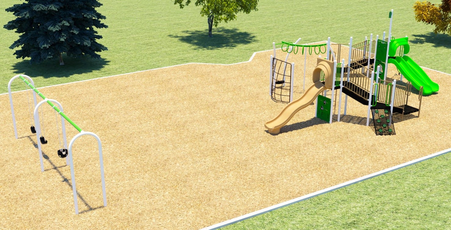 A rendering of concept A. There is a set of swings, climbing equipment including monkey bars, and multiple slides. 