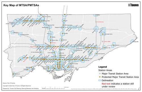 The Key Map below shows the delineation of recommended and Council-adopted Major Transit Station Areas and Protected Major Transit Station Areas across the City, as well as stations requiring further study