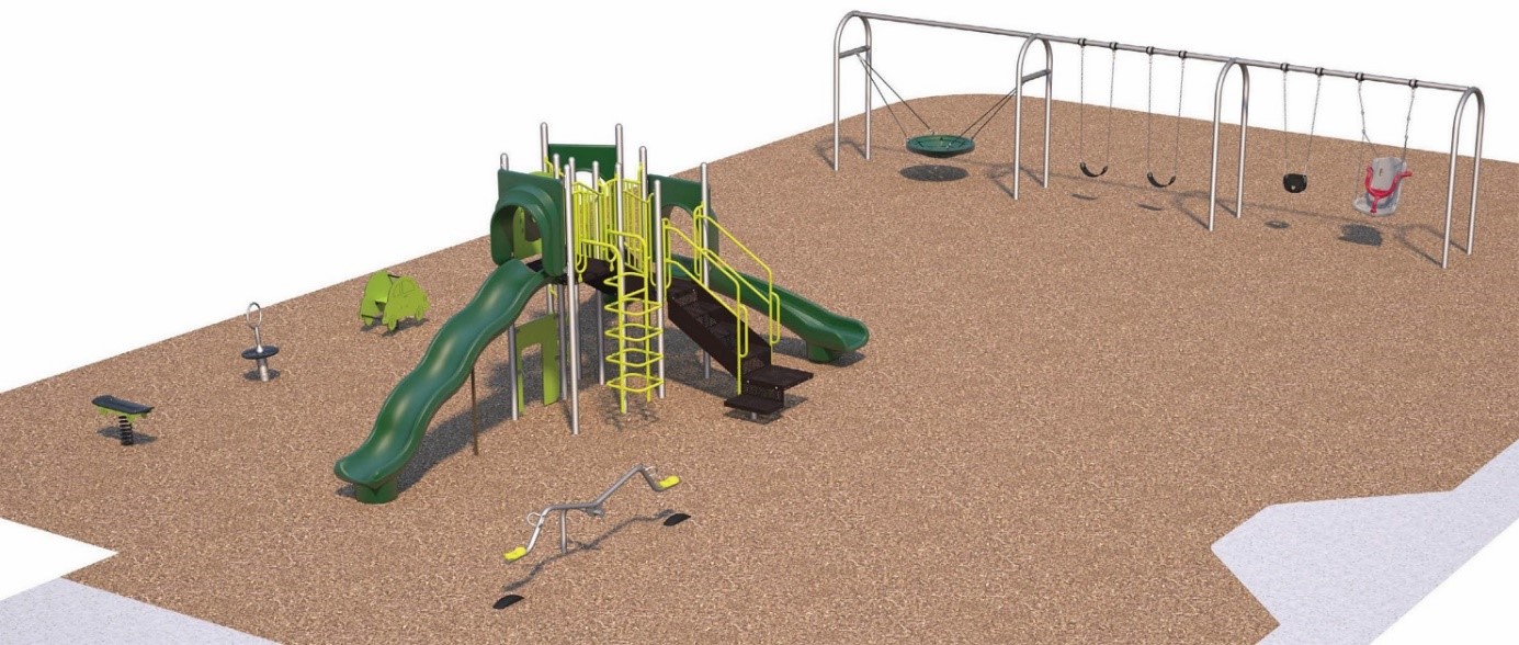 A rendering of concept C. There is a set of swings, climbing equipment including stand-alone spring toys, and multiple slides. 