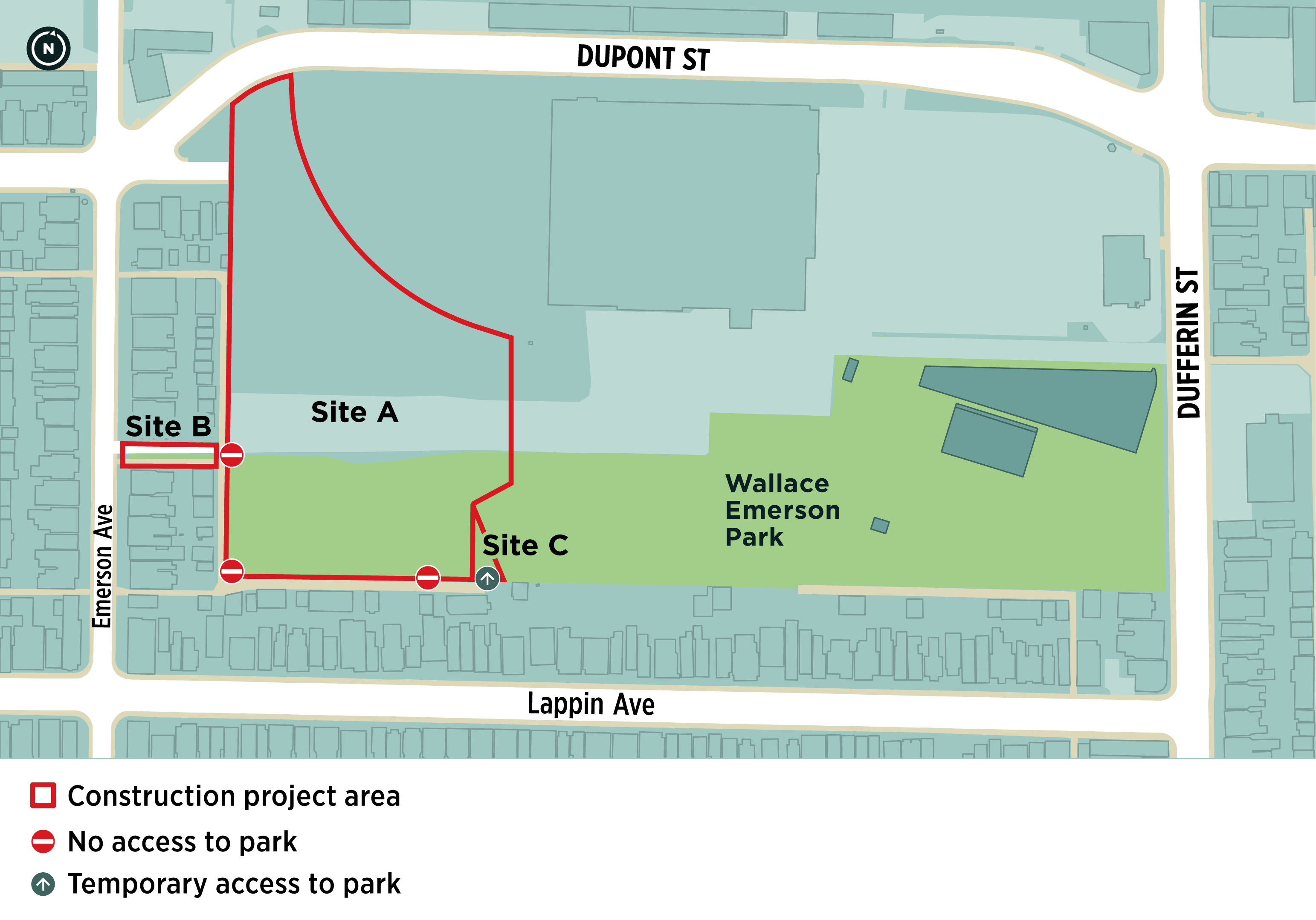 Map of Wallace Emerson Park with a red border indicating the construction area that is currently closed to public access. Site A of the construction area spans from Dupont St south to Floyd St laneway, and includes the entire west side of the park. Site B identifies the laneway between Parthenon Street and Emerson Avenue. No access to Wallace Emerson Park will be available at the Site B laneway, or the south west corner of the park at Floyd St laneway. Site C identifies a small portion of the south-east site of the construction site that will allow temporary access to the east side of the park during construction. This Site and entrance will be closed to the public toward the end of the construction period to allow for the completion of this portion of the park.