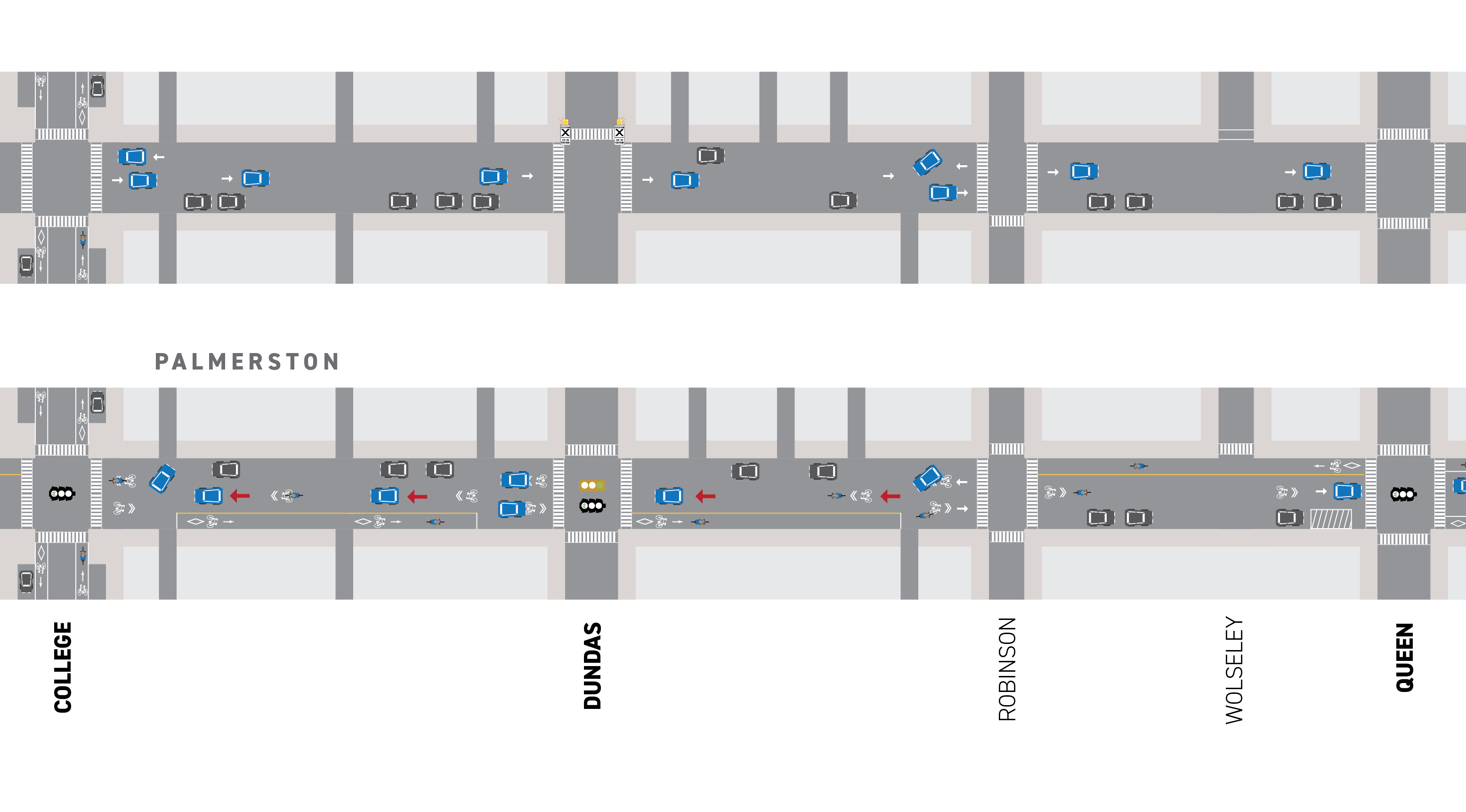 This map represents the existing and planned designs for all road users from College Street to Queen Street