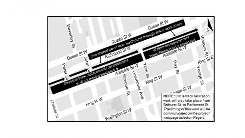 Map of Construction area between Charlotte Street and Victoria Street along Adelaide Street West. Please contact Michael Vieira at michael.vieira3@toronto.ca or 416-392-3074 for more information. 