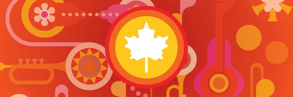 Illustration of a maple leaf on an orange and red background