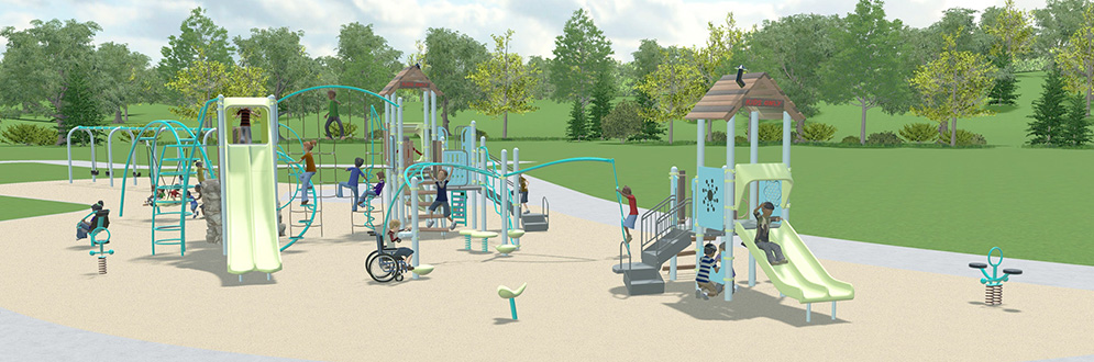 Preferred design for play areas at Blantyre Park showing new proposed splash pad, playground with junior and senior play structures and new swings, seating areas with benches, picnic tables and umbrella tables and new asphalt pathway.