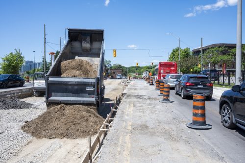 Images of construction at 416-392-0472 or kqqr@toronto.ca the King Queen Queensway Roncesvalles intersection. For more information please contact Michael Vieira at 416 392 0472 or kqqr@toronto.ca