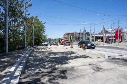 Images of construction at 416-392-0472 or kqqr@toronto.ca the King Queen Queensway Roncesvalles intersection. For more information please contact Michael Vieira at 416 392 0472 or kqqr@toronto.ca