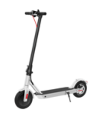 A standing scooter is shown with a flat base and handlebar