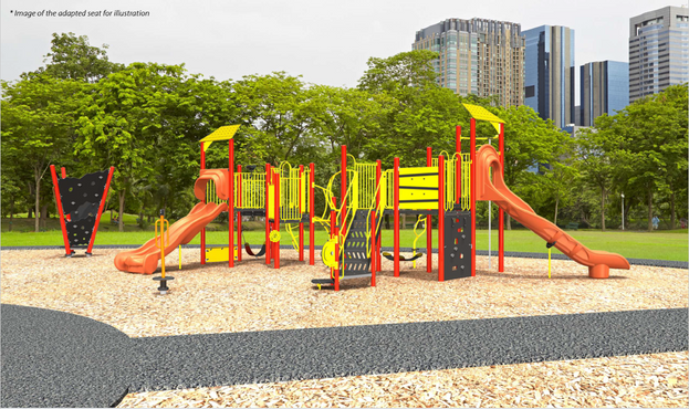 A rendering of playground Design A for the Bellbury Park Playground improvements, looking to the north from the south. From the lower-left to the upper-right, it includes a standalone climbing structure, and senior play equipment with three slides.