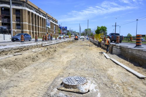 Images of construction at 416-392-0472 or kqqr@toronto.ca the King Queen Queensway Roncesvalles intersection. For more information please contact Michael Vieira at 416 392 0472 or kqqr@toronto.ca