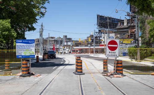 Images of construction at 416-392-0472 or kqqr@toronto.ca the King Queen Queensway Roncesvalles intersection. For more information please contact Michael Vieira at 416 392 0472 or kqqr@toronto.ca