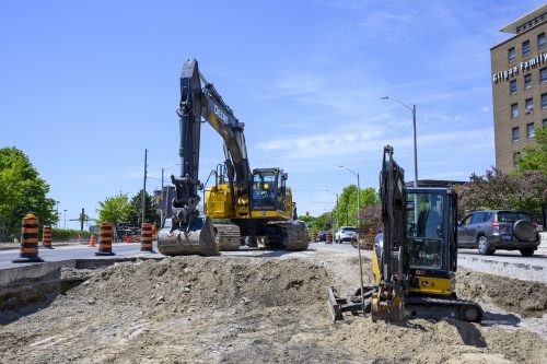 Images of construction at 416-392-0472 or kqqr@toronto.ca the King Queen Queensway Roncesvalles intersection. For more information please contact Michael Vieira at 416 392 0472 or kqqr@toronto.ca