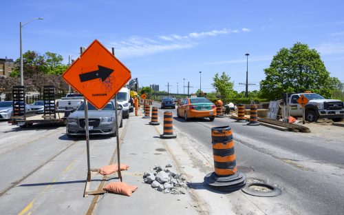 Images of construction at 416-392-0472 or kqqr@toronto.ca the King Queen Queensway Roncesvalles intersection. For more information please contact Michael Vieira at 416 392 0472 or kqqr@toronto.ca