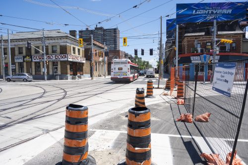 Images of construction at 416-392-0472 or kqqr@toronto.ca the King Queen Queensway Roncesvalles intersection. For more information please contact Michael Vieira at 416 392 0472 or kqqr@toronto.ca