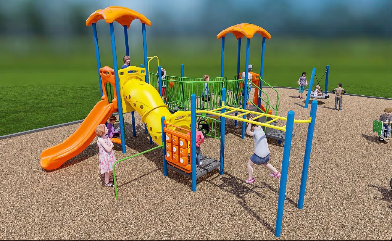 Playground Design C for the Leyton Tot Lot Playground improvements, looking to the south from the north. From the lower left to the upper right, it includes a combined junior and senior climbing structure, two spring toys, and one accessible basket swing.