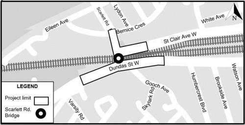 Map of work area at Scarlett Road Bridge between St Clair Ave West and Dundas Street West. Please contact Michael Vieira at michael.vieira3@toronto.ca for more information.