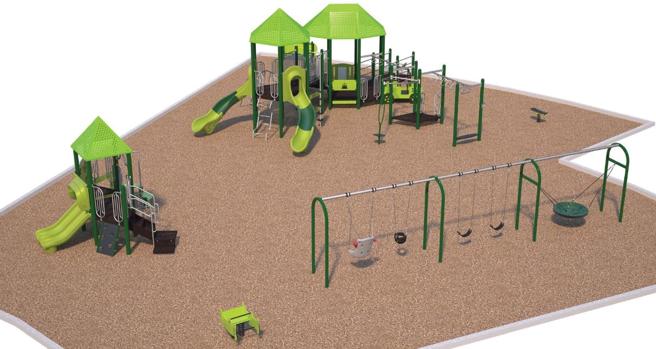 Playground Design C for the Rosebank Park Playground improvements, looking to the south from the north. From the lower left to the upper right, it includes a junior play structure, teeter totter, one accessible swing, one tot swing, two belt swings, one accessible basket swing, a senior play structure, and a spring toy.