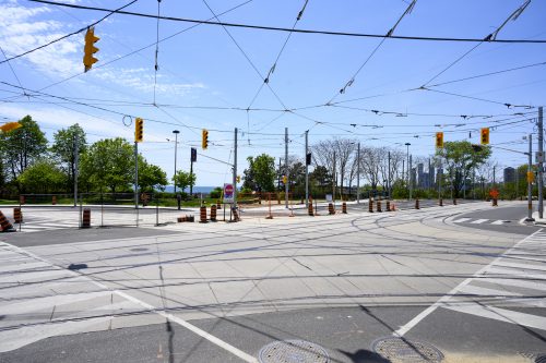 Images of construction at 416-392-0472 or kqqr@toronto.ca the King Queen Queensway Roncesvalles intersection. For more information please contact Michael Vieira at 416 392 0472 or kqqr@toronto.ca