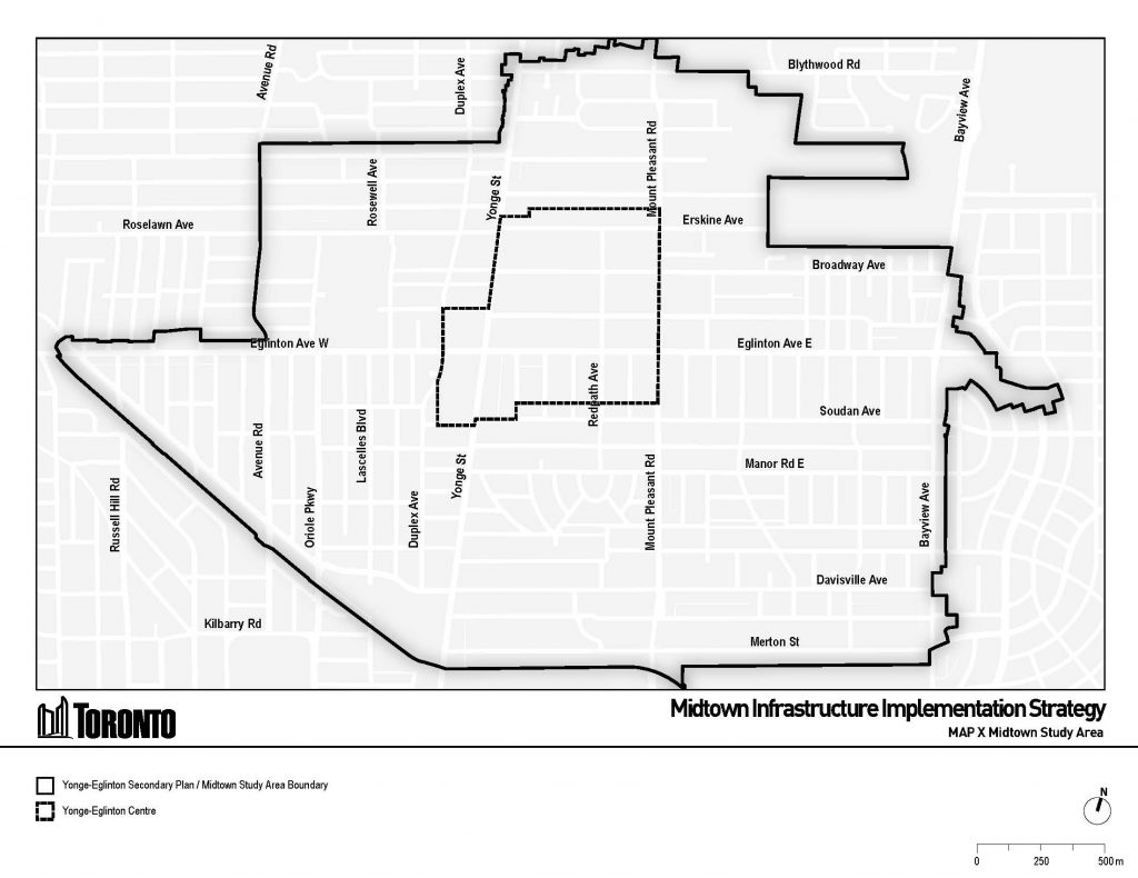 The study area is generally bounded to its furthest extents by Blythwood Road to the north, Bayview Avenue to the east, Mount Pleasant Cemetery to the south, and Chaplin Crescent to the west.