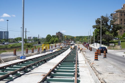 Images of construction at 416-392-0472 or kqqr@toronto.ca the King Queen Queensway Roncesvalles intersection. For more information please contact Michael Vieira at 416 392 0472 or kqqr@toronto.ca