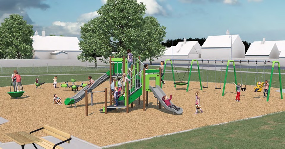 A rendering of Playground Option C, From the lower-left to upper-right, it includes standalone spinner toys, see-saw, combined play equipment, and swings. The primary colour of the equipment is green. 