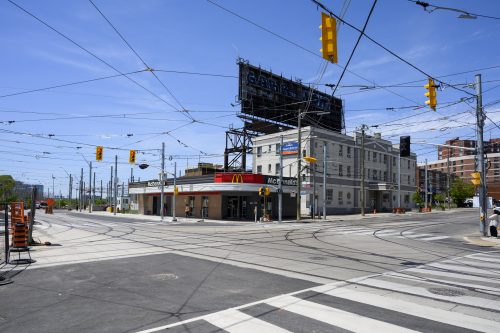 Images of construction at 416-392-0472 or kqqr@toronto.ca the King Queen Queensway Roncesvalles intersection. For more information please contact Michael Vieira at 416 392 0472 or kqqr@toronto.ca