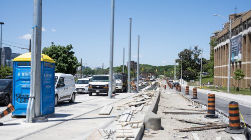 Images of construction at 416-392-0472 or kqqr@toronto.ca the King Queen Queensway Roncesvalles intersection. For more information please contact Michael Vieira at 416 392 0472 or kqqr@toronto.ca