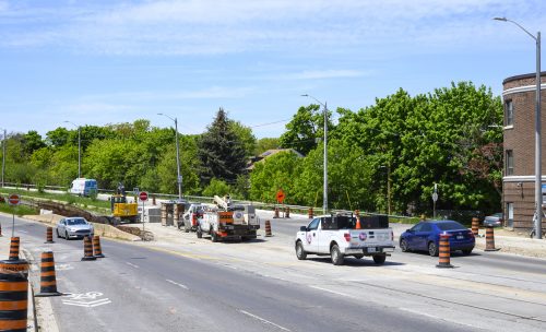 Images of construction at 416-392-0472 or kqqr@toronto.ca the King Queen Queensway Roncesvalles intersection. For more information please contact Michael Vieira at 416 392 0472 or kqqr@toronto.ca