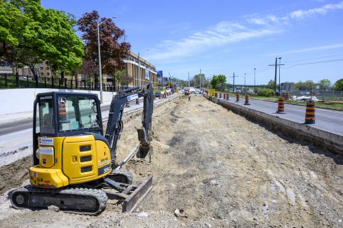 Images of construction at 416-392-0472 or kqqr@toronto.ca the King Queen Queensway Roncesvalles intersection. For more information please contact Michael Vieira at 416 392 0472 or kqqr@toronto.ca