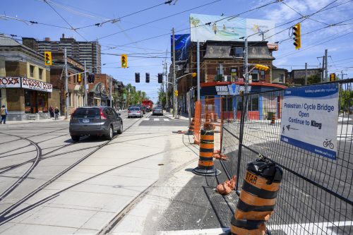 Images of construction at 416-392-0472 or kqqr@toronto.ca the King Queen Queensway Roncesvalles intersection. For more information please contact Michael Vieira at 416 392 0472 or kqqr@toronto.ca