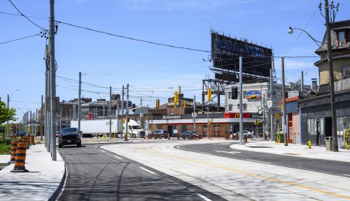 Images of construction at 416-392-0472 or kqqr@toronto.ca the King Queen Queensway Roncesvalles intersection. For more information please contact Michael Vieira at 416 392 0472 or kqqr@toronto.ca