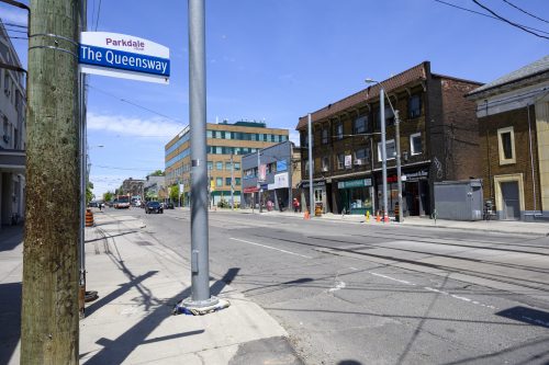 Images of construction at 416-392-0472 or kqqr@toronto.ca the King Queen Queensway Roncesvalles intersection. For more information please contact Michael Vieira at 416 392 0472 or kqqr@toronto.ca