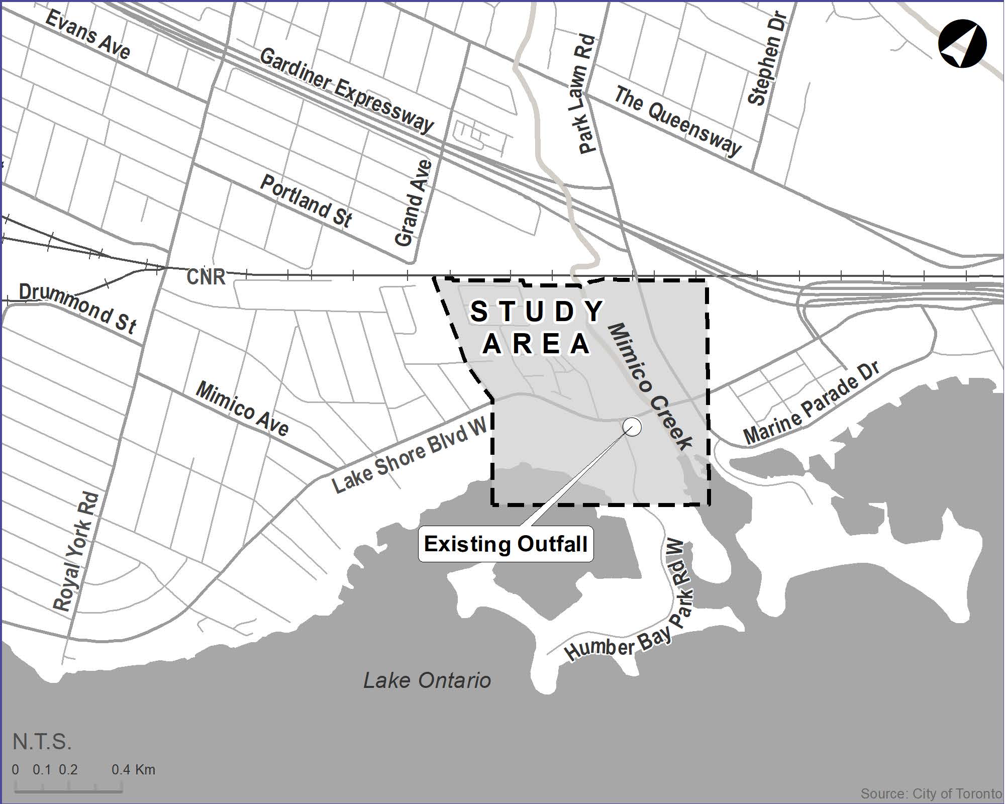 The study area is located between Lake Shore Boulevard West, Marine Parade Drive, Humber Bay Park Road West and Canadian National Rail line. 