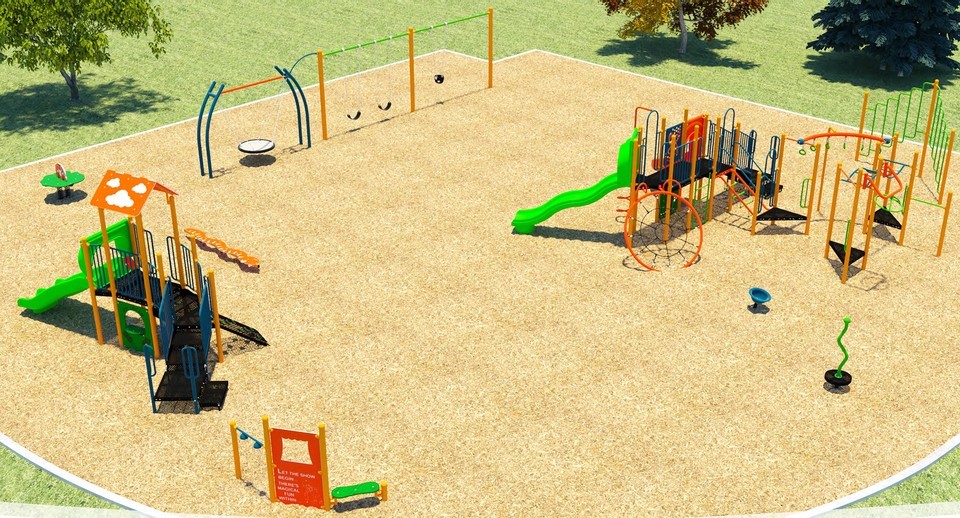 A rendering of Playground Option A, From the lower-left to upper-right, it includes junior play equipment, play panels, a spinner toy, a swing set, senior play structure/monkey bars, and individual spinner toys. The primary colour of the equipment is green and orange.
