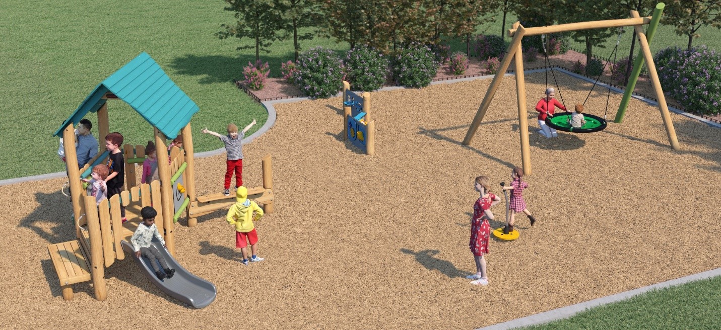 Playground Design A for the Lucy Tot Lot Playground improvements, looking to the northwest from the southeast. From the lower left to the upper right, it includes a junior play structure, a stand-up spinner toy, three play panels and a saucer swing. 