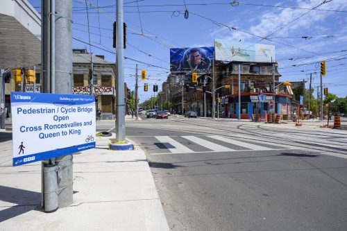 Images of construction at 416-392-0472 or kqqr@toronto.ca the King Queen Queensway Roncesvalles intersection. For more information please contact Michael Vieira at 416 392 0472 or kqqr@toronto.ca