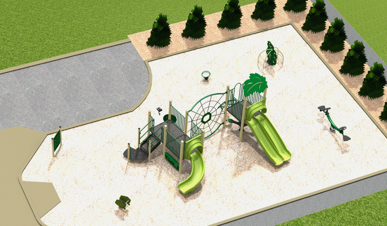 A for the Lucy Tot Lot Playground improvements, looking to the northwest from the southeast. From the lower left to the upper right, it includes a play panel, a spring toy, a junior play structure, a stand-up spinner toy, a climbing structure and a teeter totter. 
