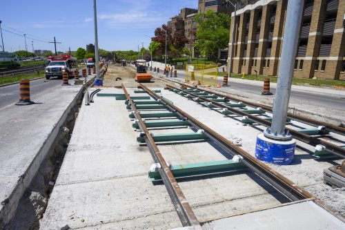 Images of construction at 416-392-0472 or kqqr@toronto.ca the King Queen Queensway Roncesvalles intersection. For more information please contact Michael Vieira at 416 392 0472 or kqqr@toronto.ca