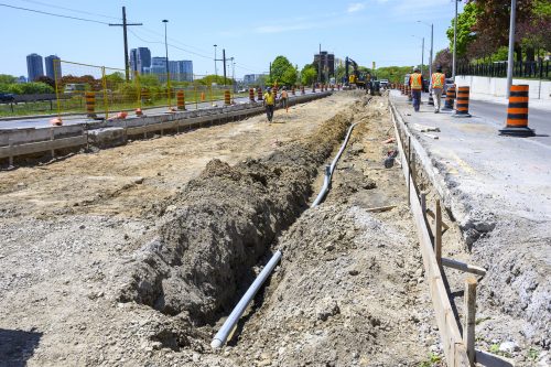 Images of construction at 416-392-0472 or kqqr@toronto.ca the King Queen Queensway Roncesvalles intersection. For more information please contact Michael Vieira at 416 392 0472 or kqqr@toronto.ca