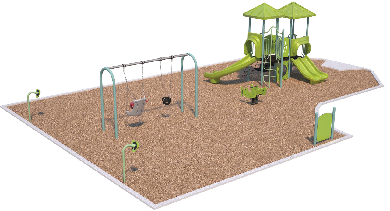 Playground Design A for the Lucy Tot Lot Playground improvements, looking to the southeast from the northwest. From the lower left to the upper right, it includes two talk tubes, a swingset, an airplane motion toy and a junior play structure. 
