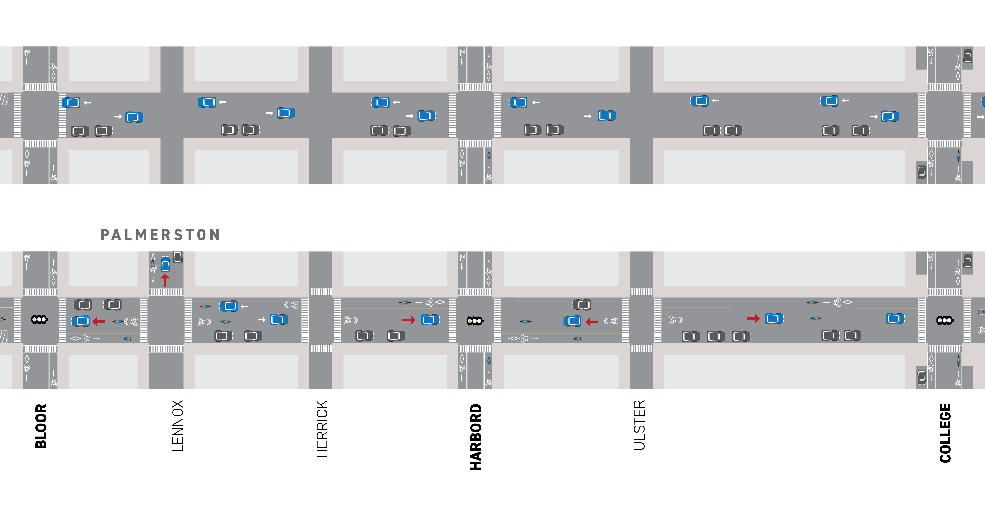 This map represents the existing and planned designs for all road users from Bloor Street to College Street 