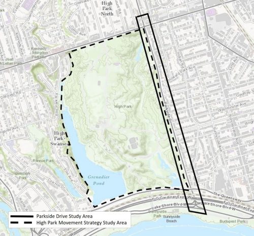 Map of study area displaying the Parkside Drive Study Area and the High Park Movement Strategy Study Area.